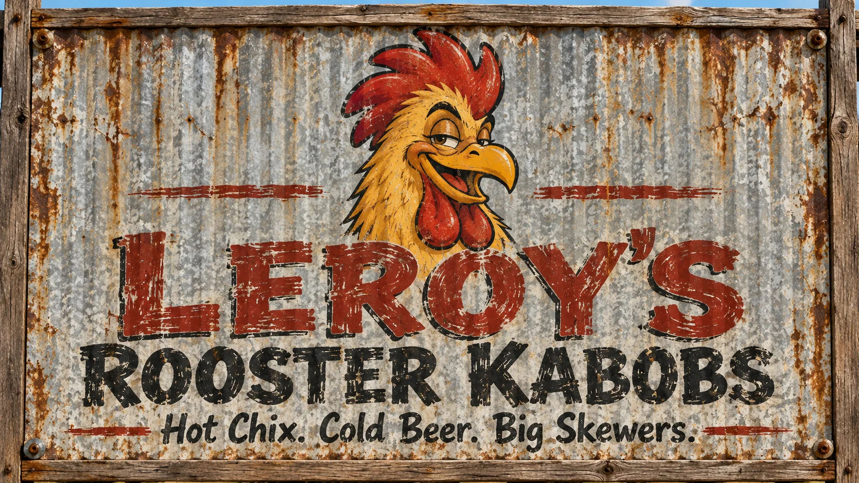 Leroy’s Rooster Kabobs tin sign — Hot Chix. Cold Beer. Big Skewers.