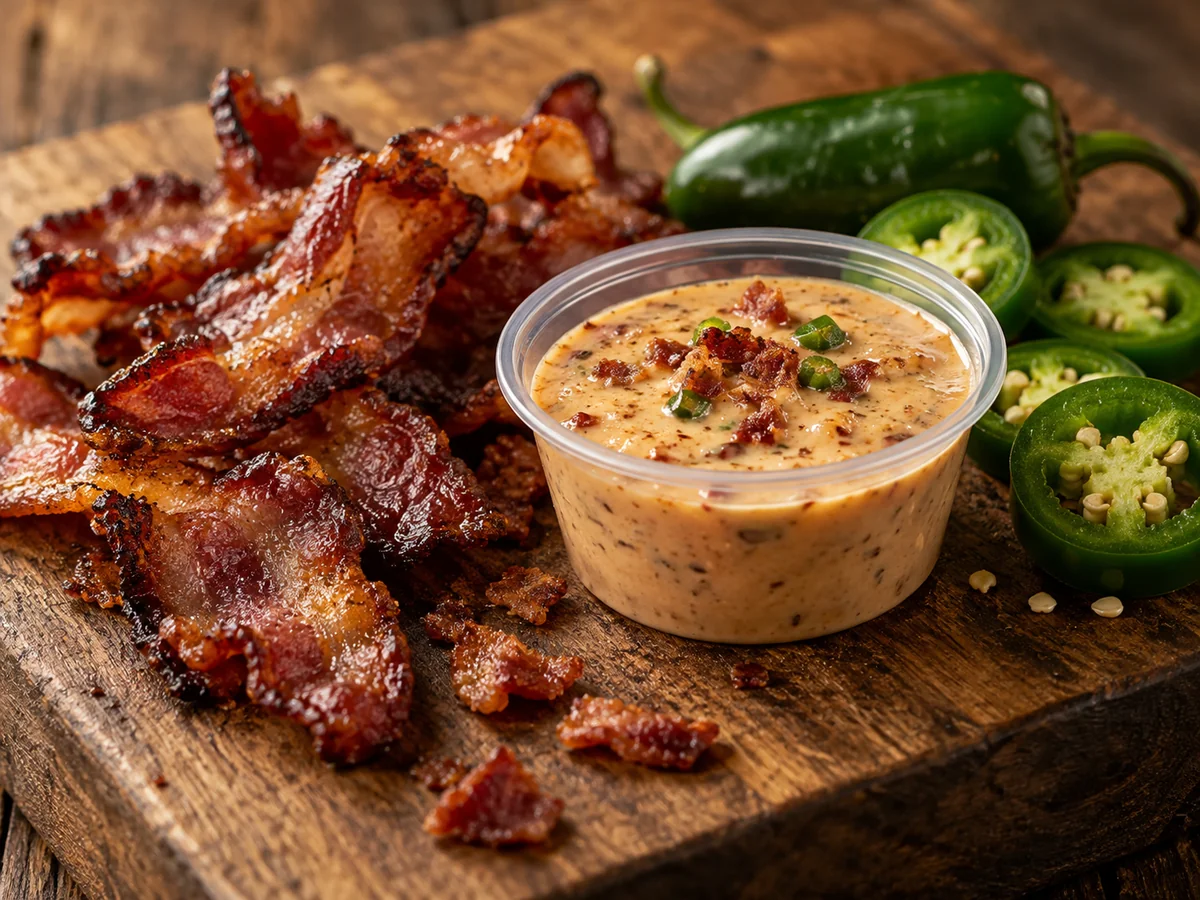 Bacon, fresh jalapeños, and a cup of creamy Bacon Jalapeño dipping sauce.