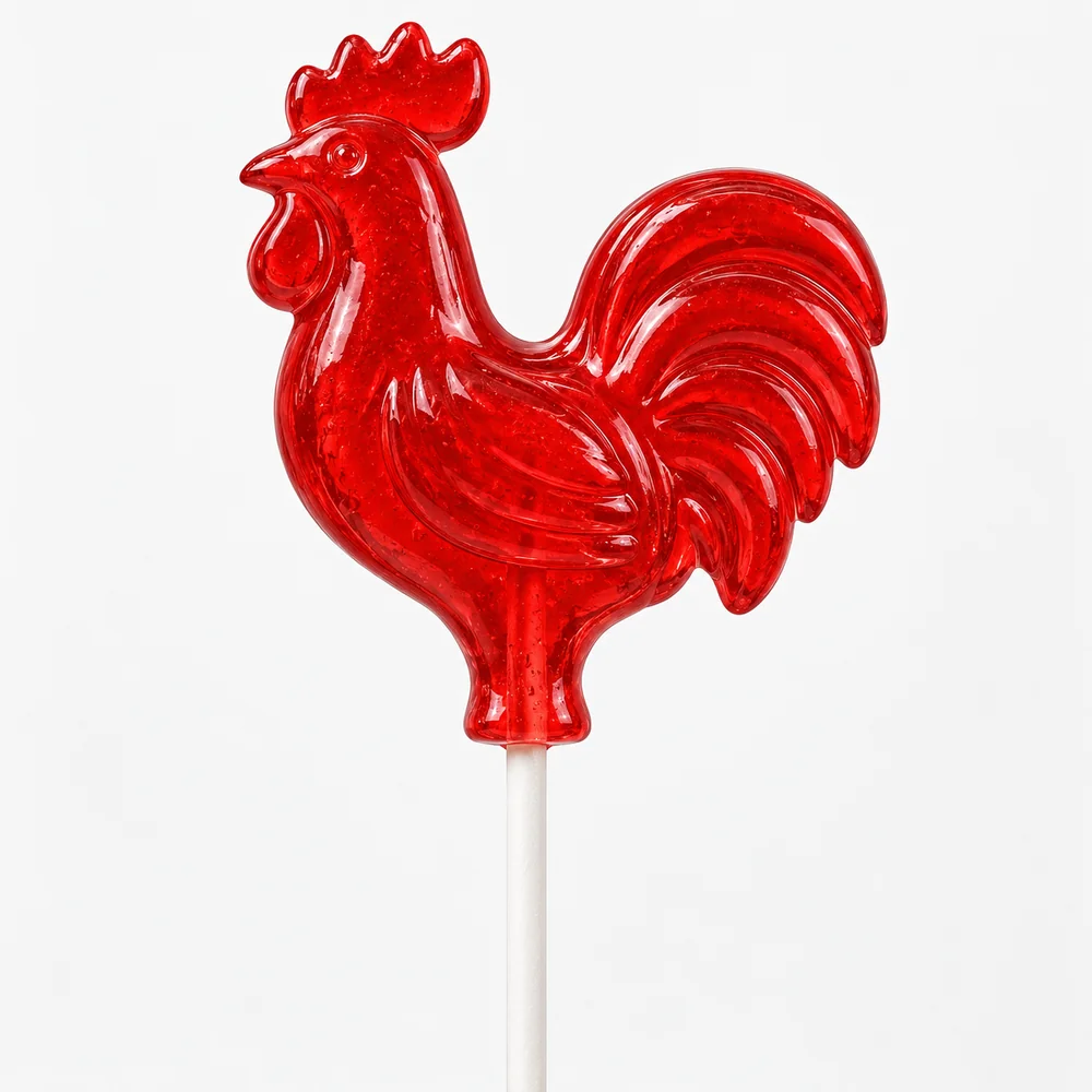 A glossy red rooster-shaped lollipop on a white stick.