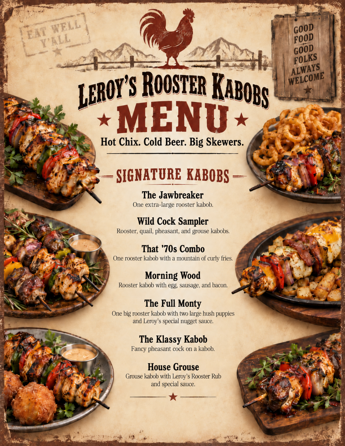 The full Leroy's Rooster Kabobs menu