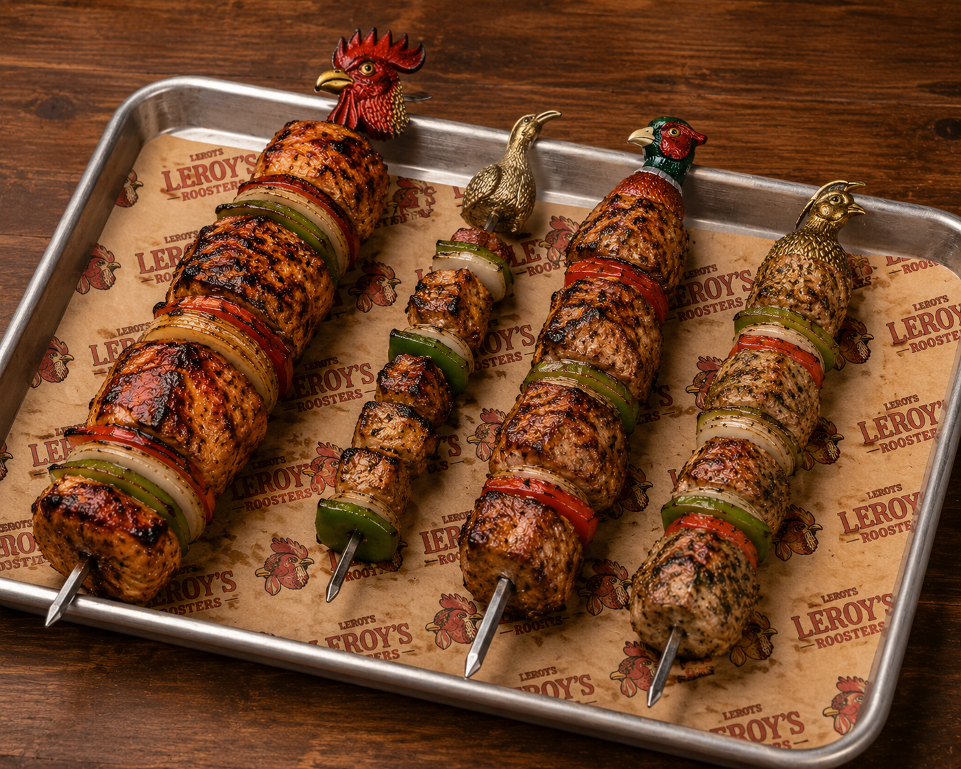 Wild Cock Sampler with multiple kabobs on a tray
