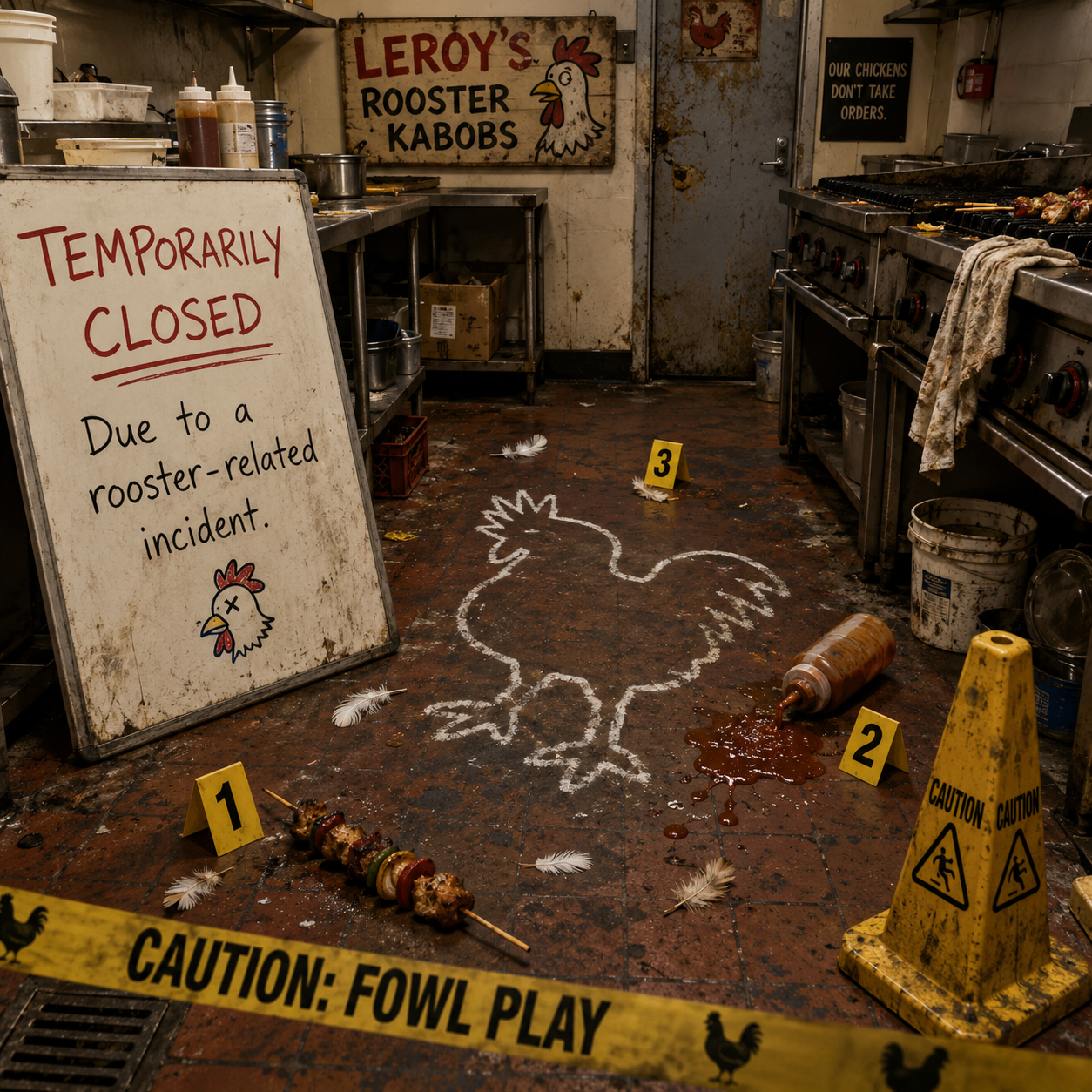 Rooster chalk outline in Leroy&rsquo;s kitchen beside a temporarily closed sign and caution tape