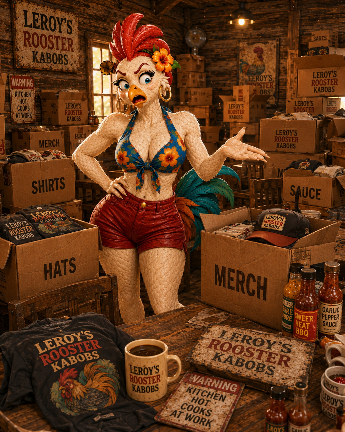 Lena surrounded by boxes of Leroy&rsquo;s shirts, hats, mugs, and sauces in the dining room