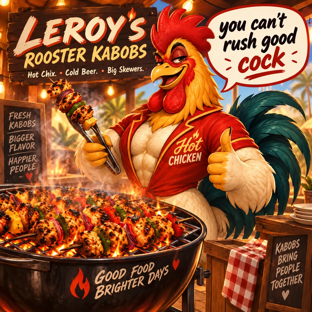 Leroy holding a kabob beside the words You can’t rush good cock