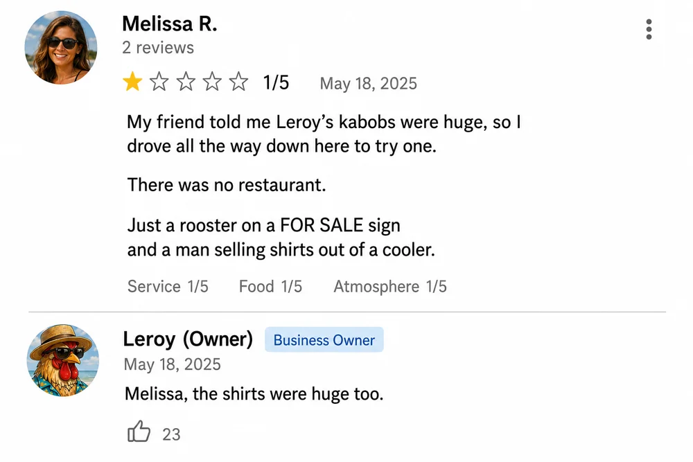 Leroy’s parody review graphic: Melissa complains about a missing restaurant and Leroy replies
