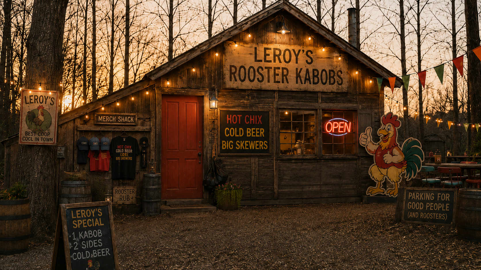 Leroy&rsquo;s Rooster Kabobs wooden restaurant exterior at sunset, with string lights and a rooster cutout