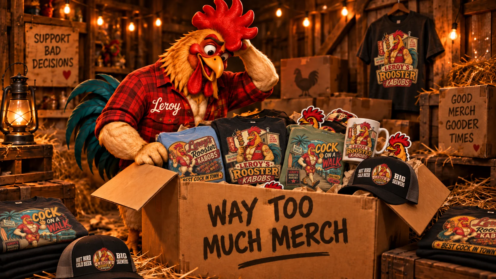Leroy looking into a box of merchandise